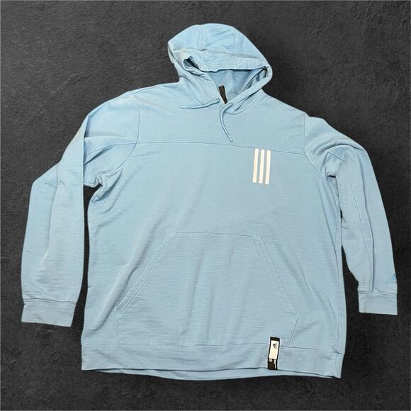 Adidas Men’s 2XL Sky Blue Hoodie Sweatshirt Three Stripe Logo EUC - Picture 2 of 8